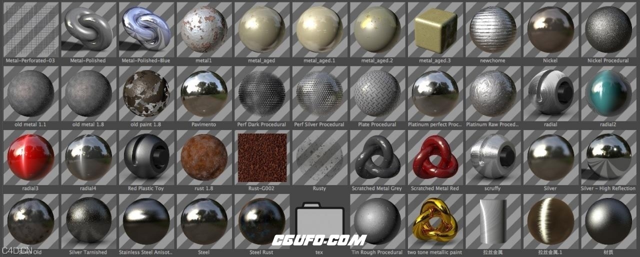 200个C4D默认渲染器金属材质合集CINEMA4D metal - CGUFO